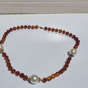 Vintage Amber Colored Beads And Faux Pearl Necklace